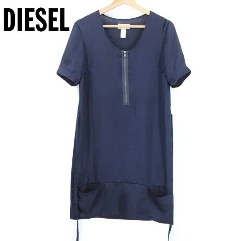 Diesel Y2K Blue Mini Dress SZ S Sheath Pockets Tie Waist Zipper Round Neckline